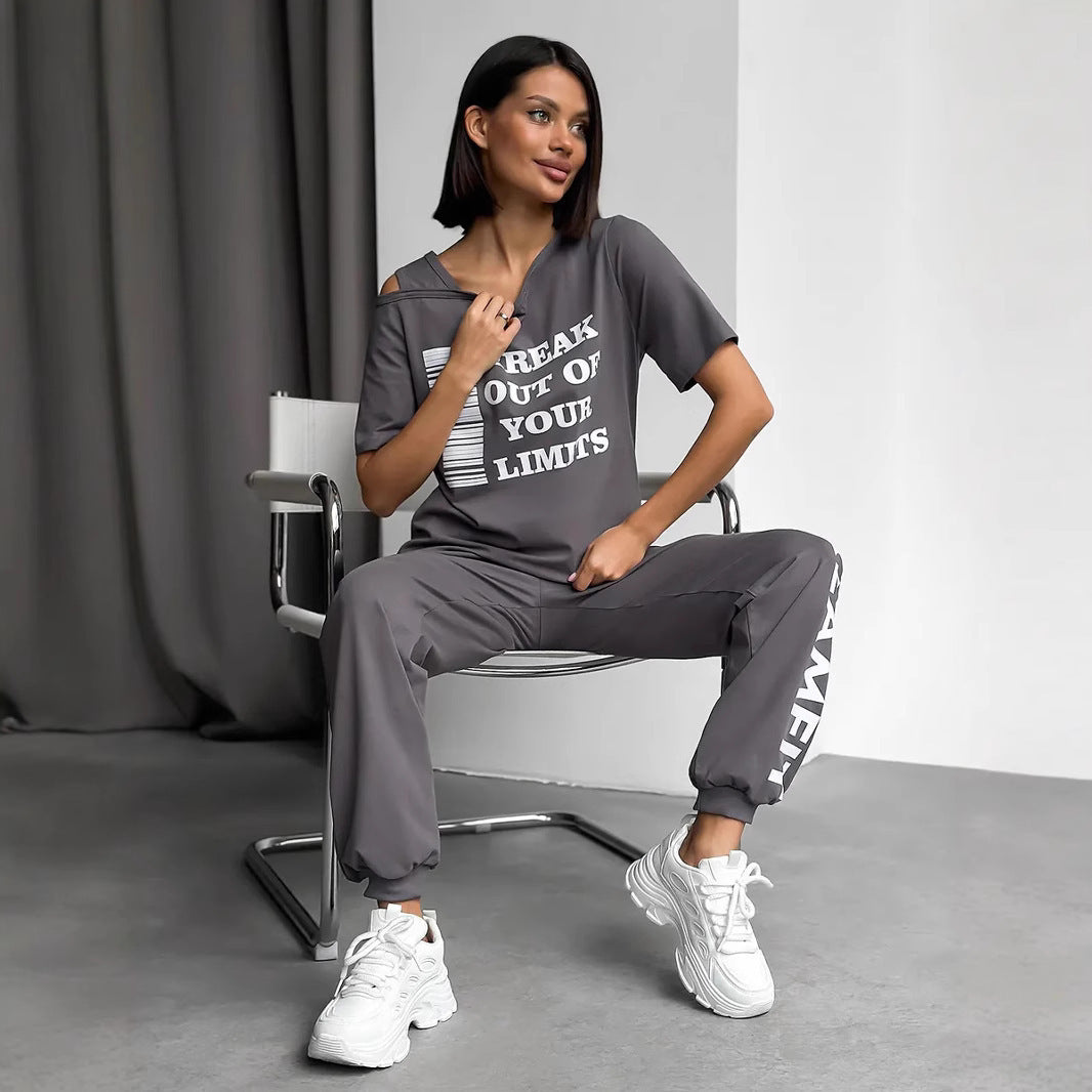 Women's casual lounge set with cut-out shoulder and statement print