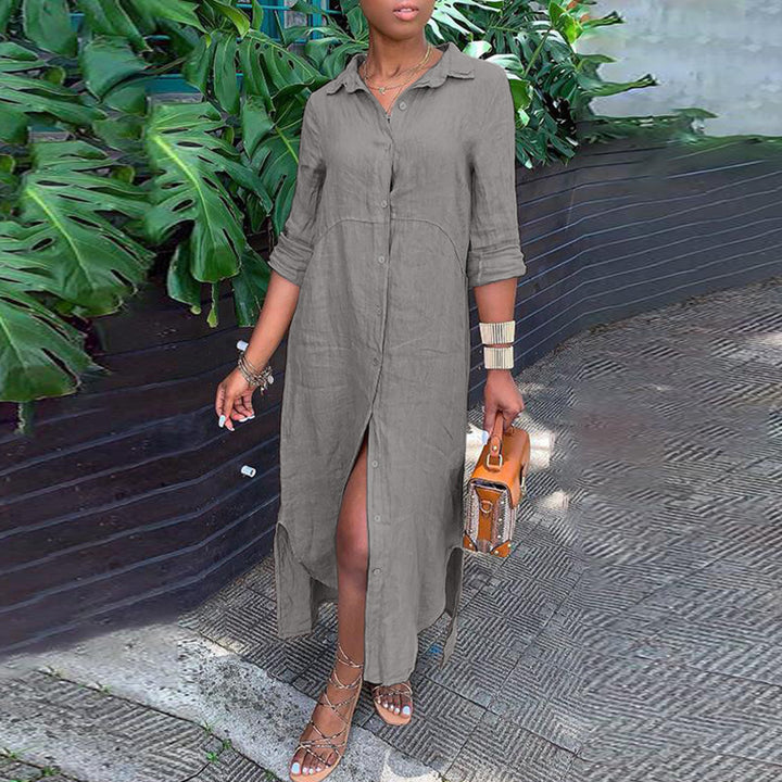 Women's button-up shirt dress with a continuous button placket, side slits, and 3/4 sleeves Mune Fashion