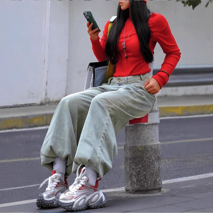 Women wide High-Waist Baggy Jeans with deep crotch and vintage wash Mune Fashion