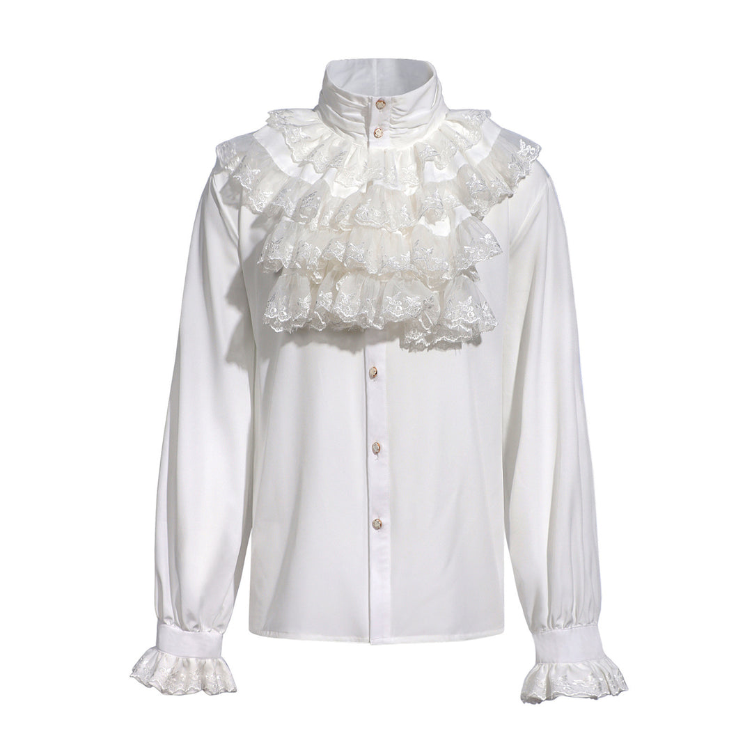 Ladies' romantic Victorian ruffled blouse with stand collar and lace cuffs Mune Fashion