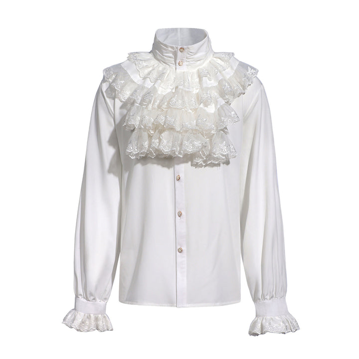 Ladies' romantic Victorian ruffled blouse with stand collar and lace cuffs Mune Fashion