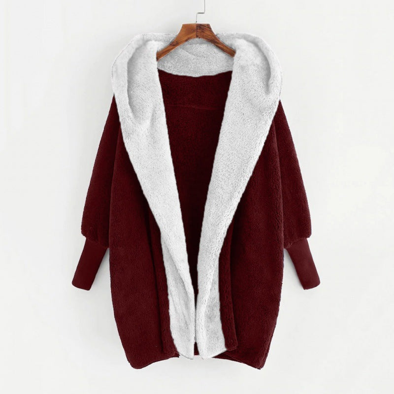 Women's Oversized Faux Fur Hooded Coat with Contrasting Teddy Lining and Ribbed Cuffs Mune Fashion