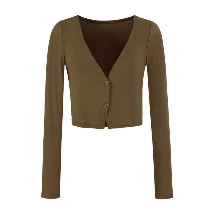 Women's Short Fine Knit Cardigan with Deep V-Neck and Button Front Mune Fashion