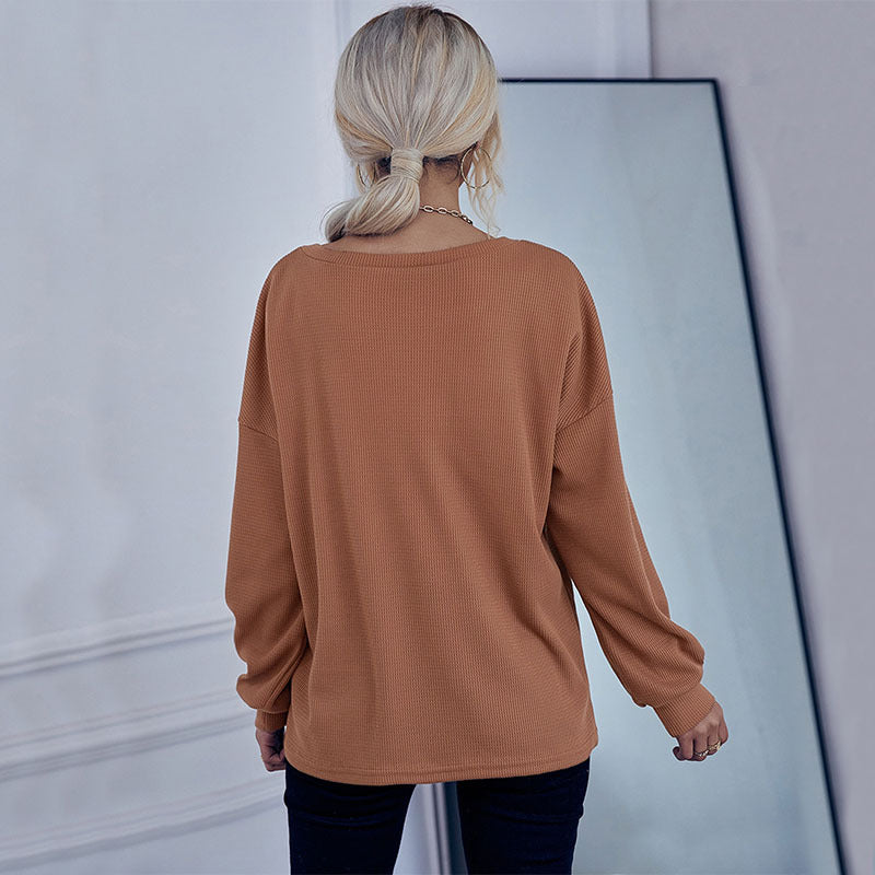 Women's waffle knit pullover with Henley button placket and dropped shoulder Mune Fashion
