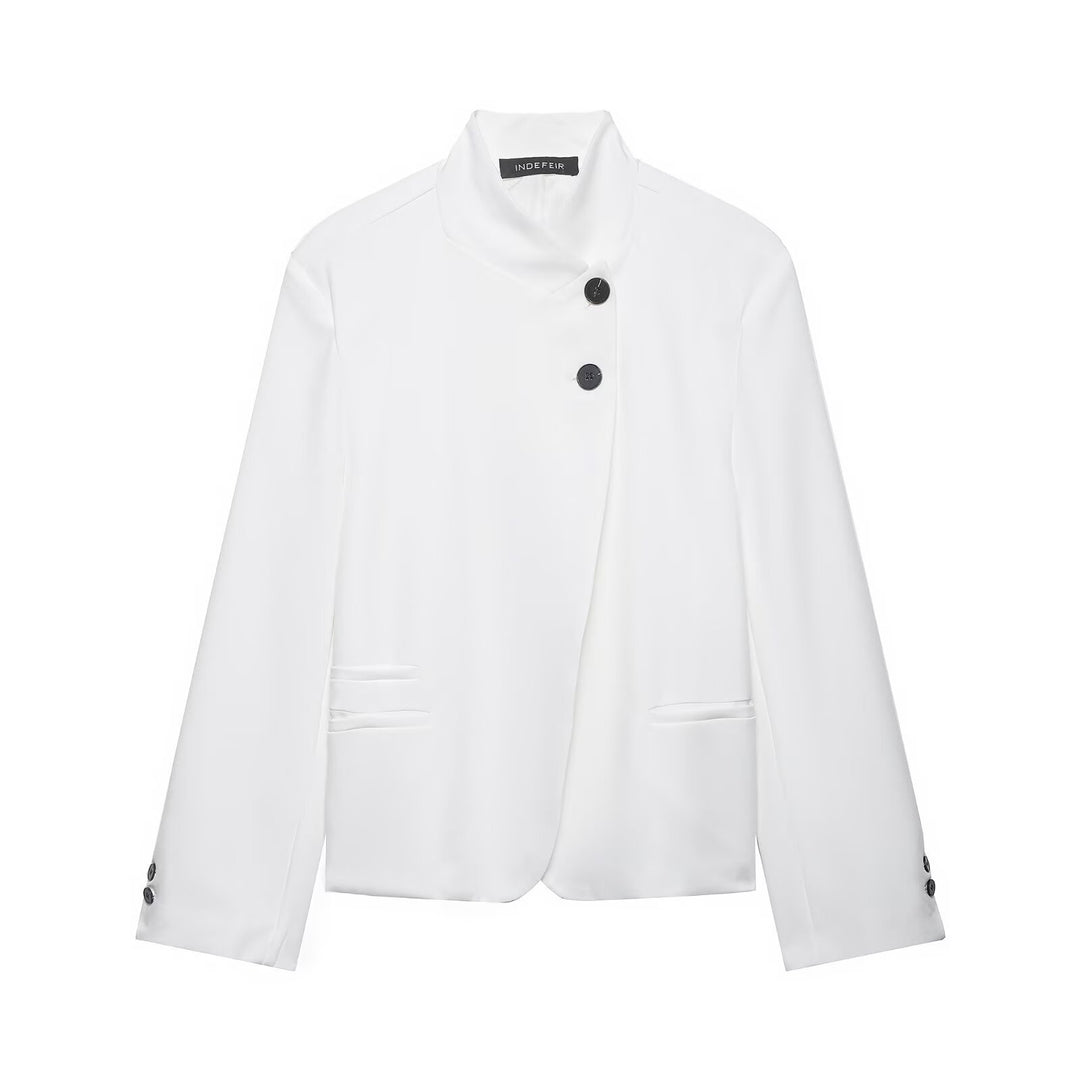 Women's Short Blazer with Stand Collar and Asymmetric Two-Button Closure Mune Fashion