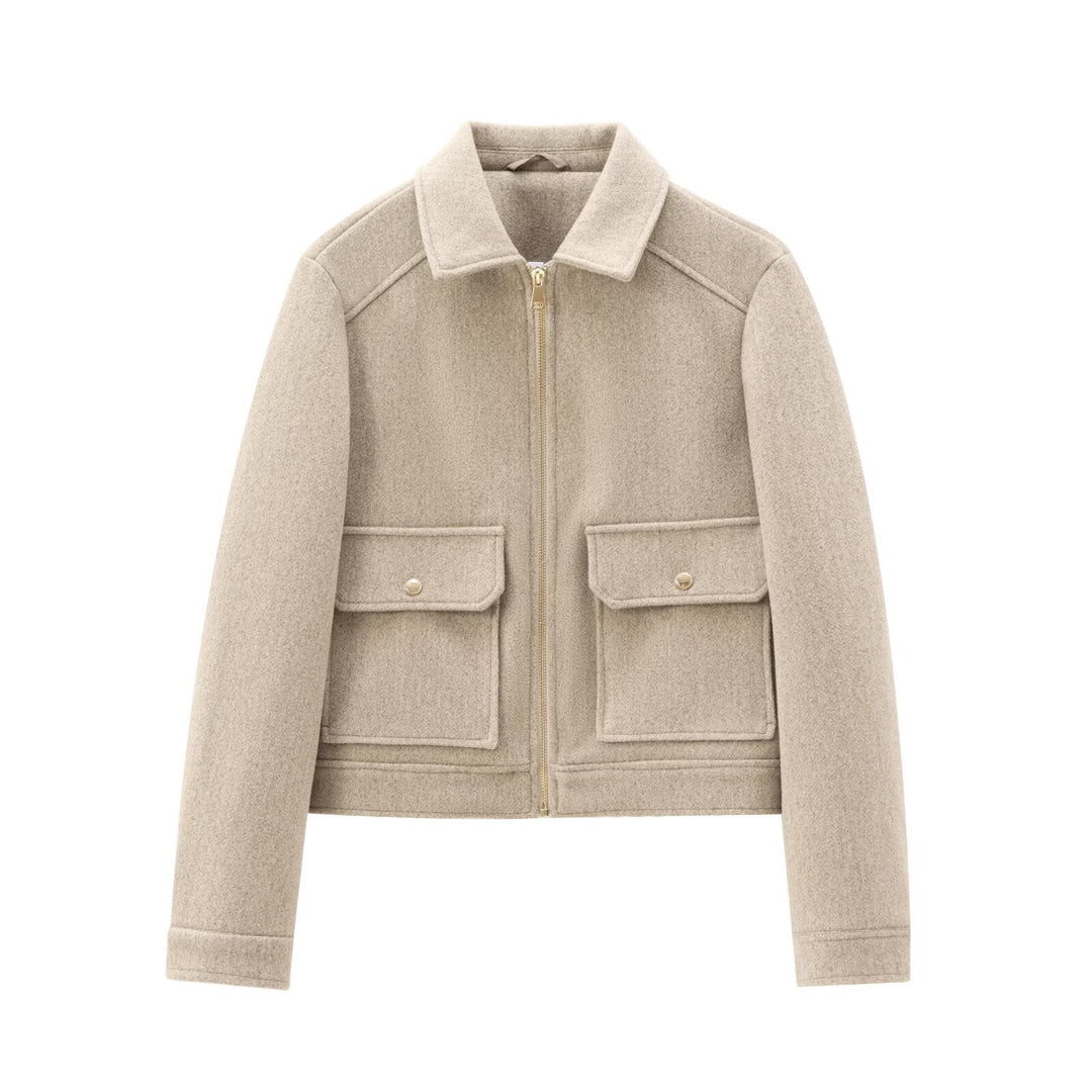 Ladies Short Wool Faux Field Jacket with Full Zipper and Four Flap Pockets Mune Fashion