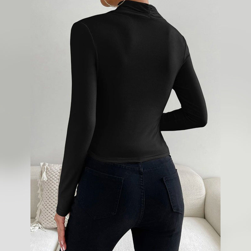 Women's Fitted Long Sleeve Shirt with Wrap Collar and Side Gathering Mune Fashion