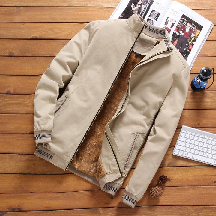Men's urban lightweight bomber-style jacket with stand-up collar, striped cuffs, and concealed inner zipper.