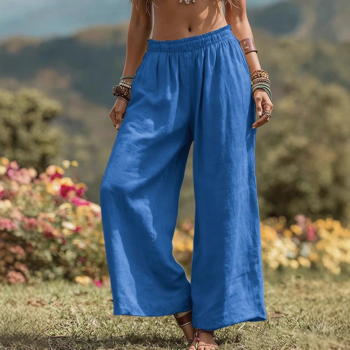Women's Wide Linen Look Palazzo Pants with Elastic Waistband and Pockets Mune Fashion