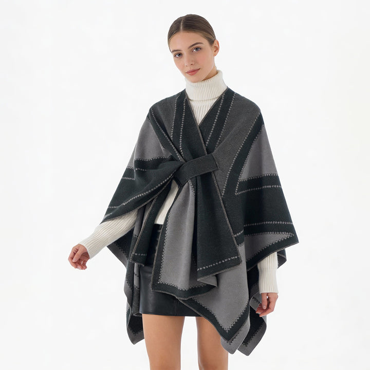 Women's Reversible Wool Blend Poncho with Graphic Jacquard Pattern and Waist Belt Mune Fashion