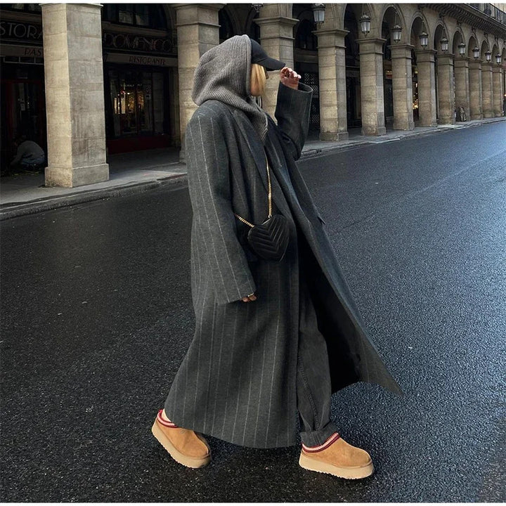Ladies long tailored pinstripe wool blend coat with lapel collar and patch pockets Mune Fashion