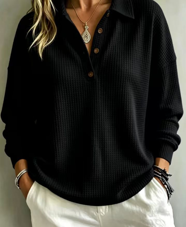 Ladies waffle knit polo with oversized fit, button placket and roll neck look Mune Fashion
