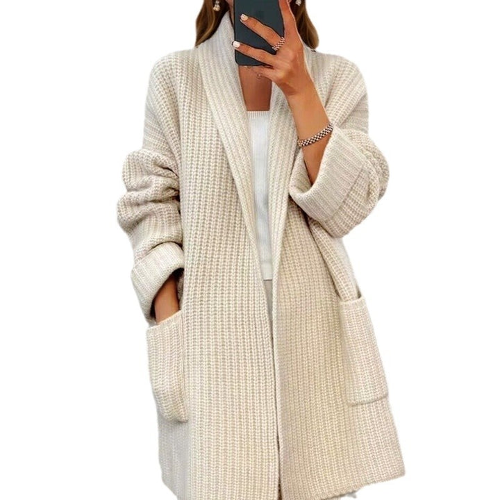 Women's longer oversized knitted coat with shawl collar and patch pockets Mune Fashion