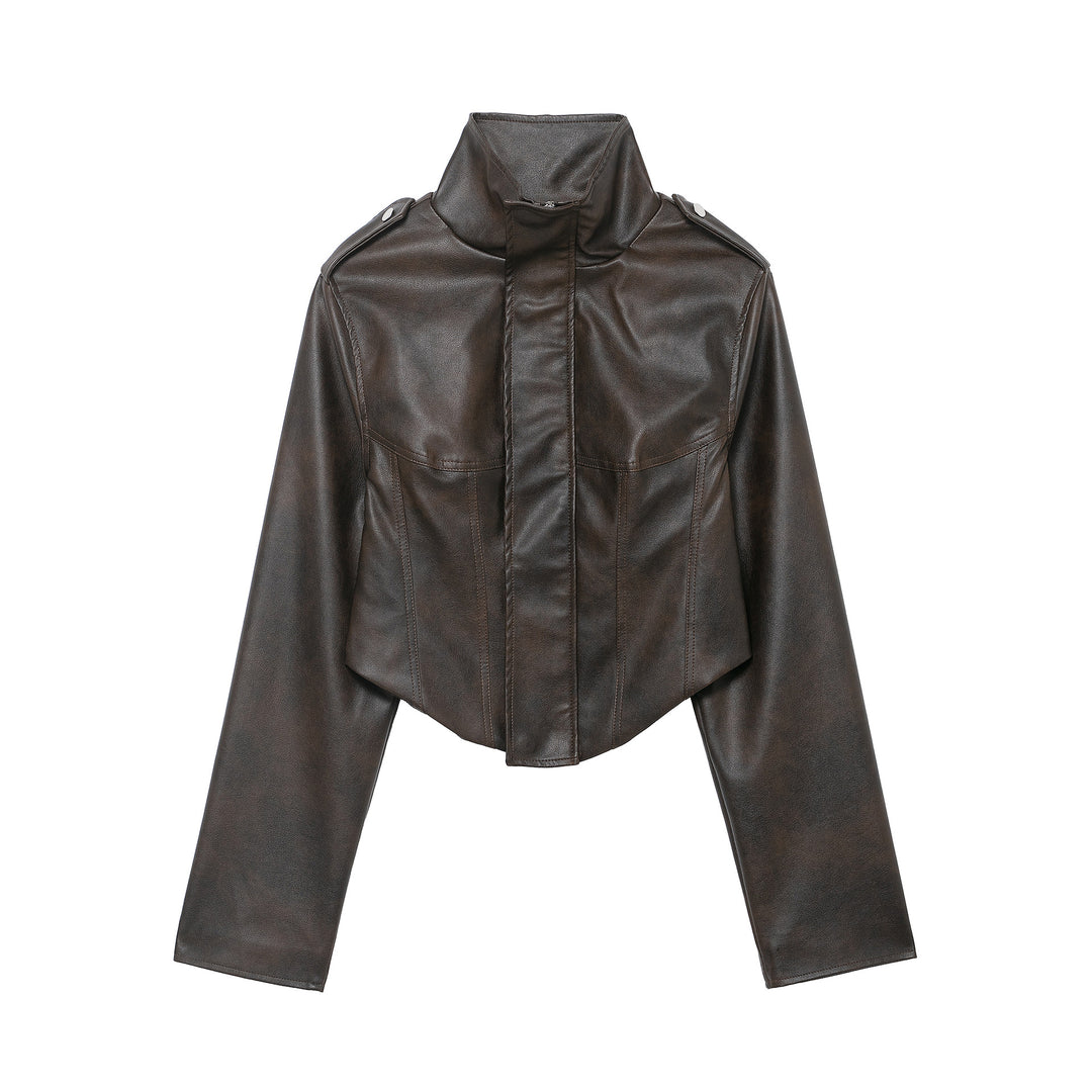 Women's short jacket made of faux leather with a high stand-up collar, shoulder flaps, and tailored silhouette Mune Fashion