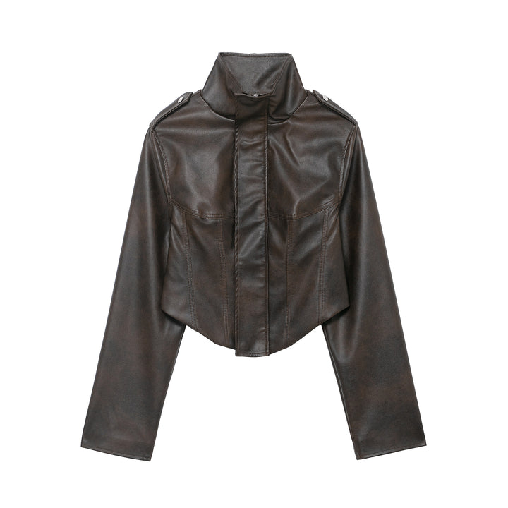 Women's short jacket made of faux leather with a high stand-up collar, shoulder flaps, and tailored silhouette Mune Fashion