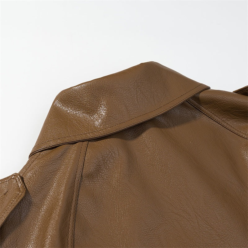 Women Cropped Faux Leather Trench Coat with Waist Belt, Double Breasted and Epaulettes Mune Fashion