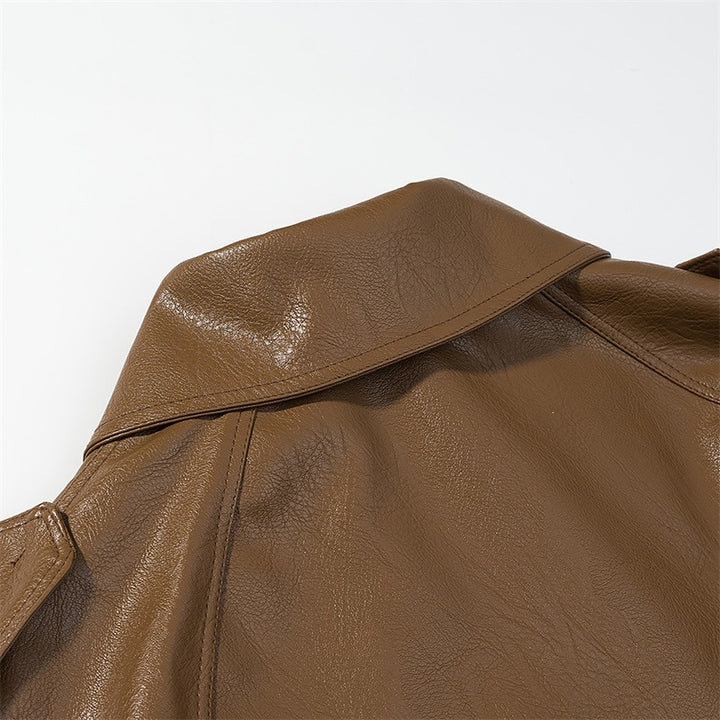 Women Cropped Faux Leather Trench Coat with Waist Belt, Double Breasted and Epaulettes Mune Fashion