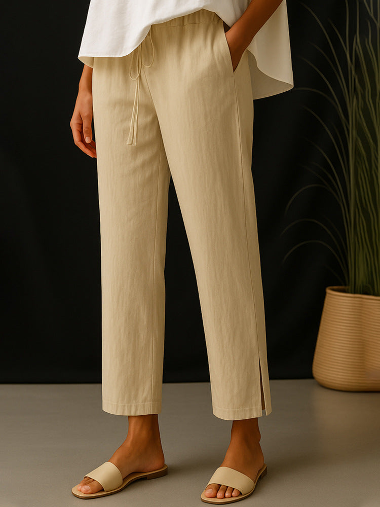 Women's Casual Chino Linen Look Culotte with Elastic Drawstring Waist and Side Pockets Mune Fashion