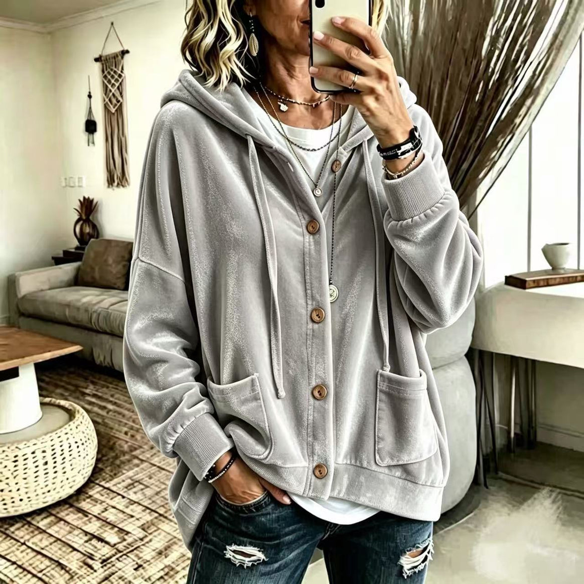 Women's Oversized Hooded Velvet Jacket with Button Placket and Patch Pockets Mune Fashion