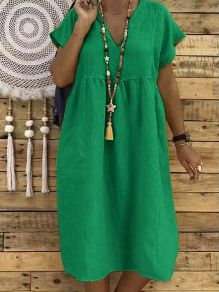 Women's Linen Maxi Dress with V-Neck and Ruffle Details Mune Fashion