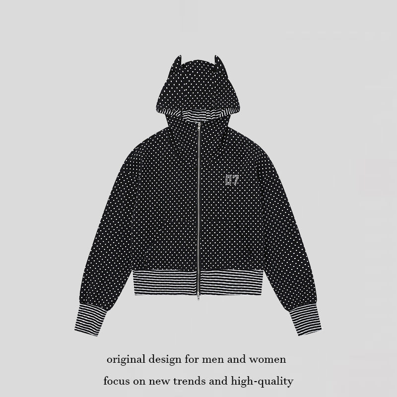 Ladies Hooded Sweat Jacket with Zipper, Ear Application and Allover Dots Mune Fashion