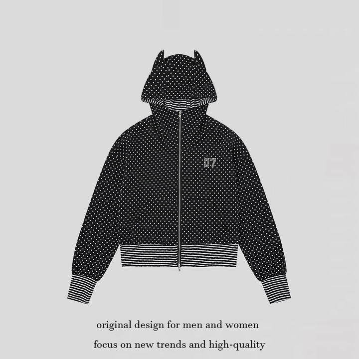Ladies Hooded Sweat Jacket with Zipper, Ear Application and Allover Dots Mune Fashion