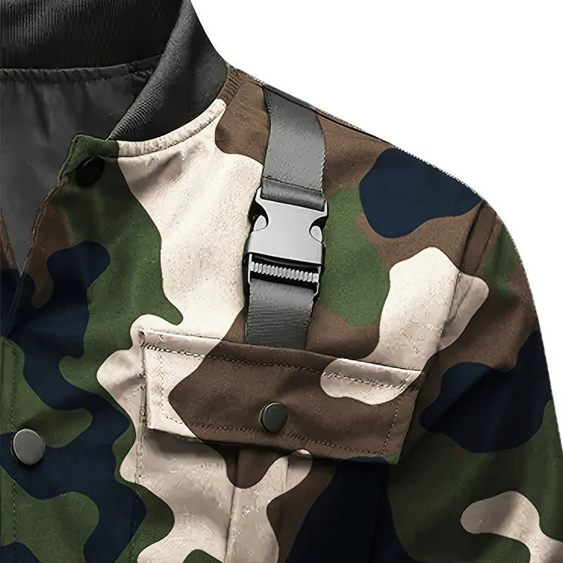 Men's Utility-Style Bomber Jacket with Shoulder Straps, Snap Button Placket & Flap Pockets Mune Fashion