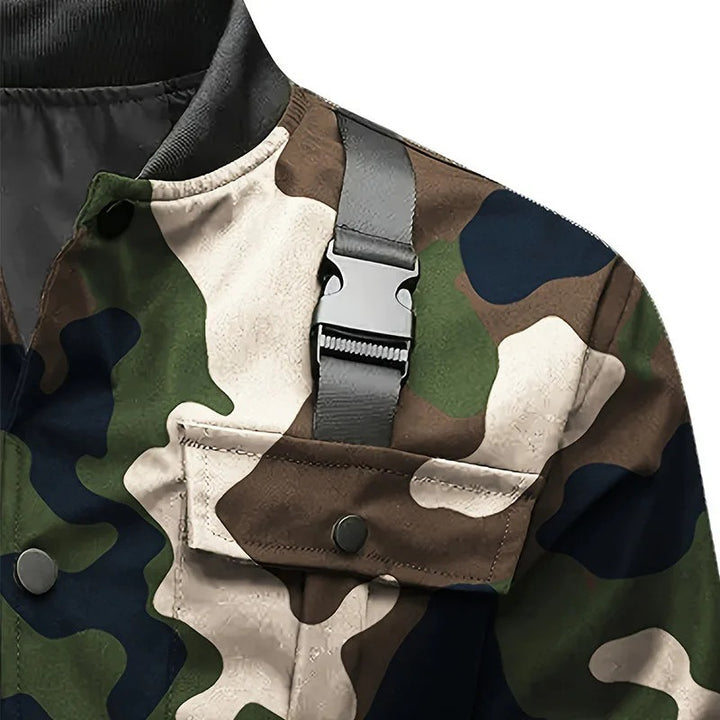 Men's Utility-Style Bomber Jacket with Shoulder Straps, Snap Button Placket & Flap Pockets Mune Fashion