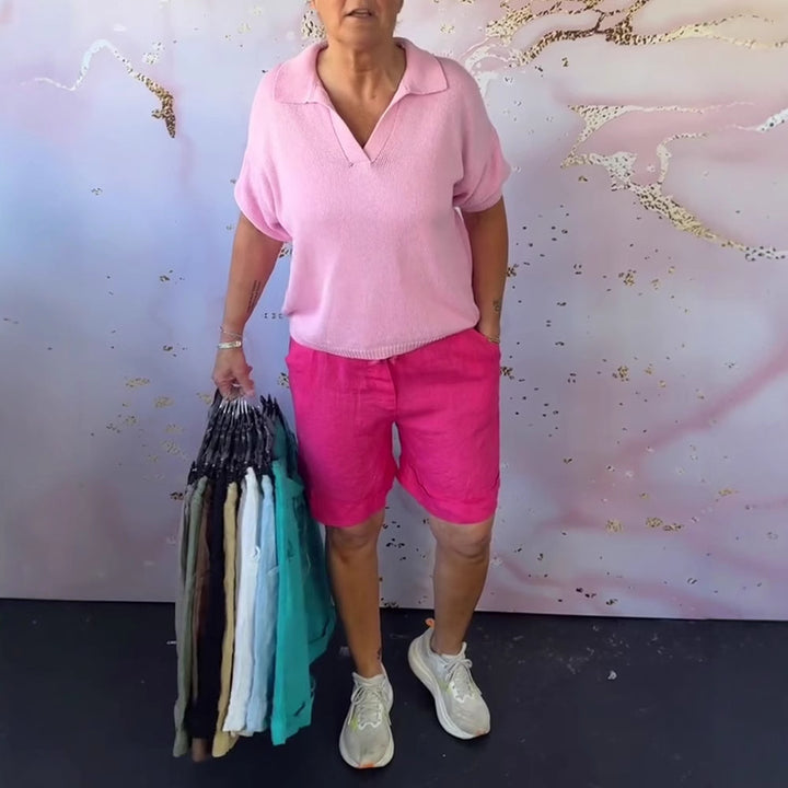 Women's linen bermuda shorts with turn-up hem, button and zip fastening, as well as side pockets Mune Fashion