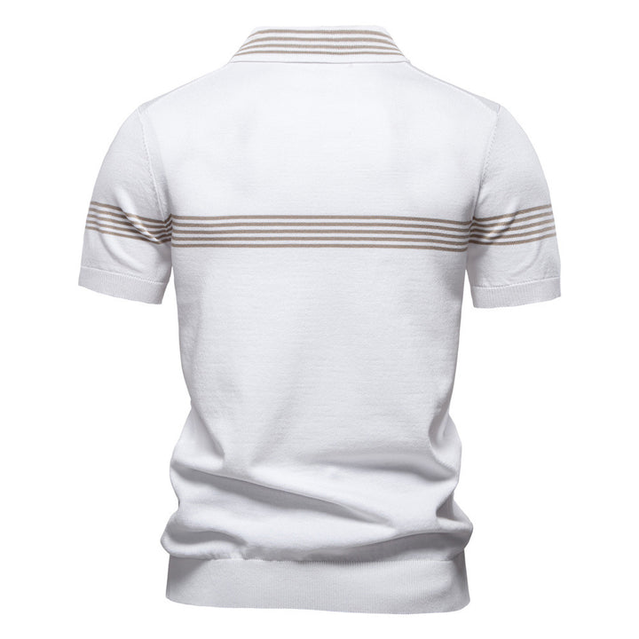 Men's noble fine-knit polo shirt with short metal zipper, cuffed sleeves, and contrasting striped bands Mune Fashion