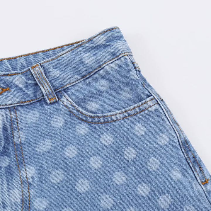 Women's Wide Cropped Jeans with High Waist and Polka Dot Denim Drune