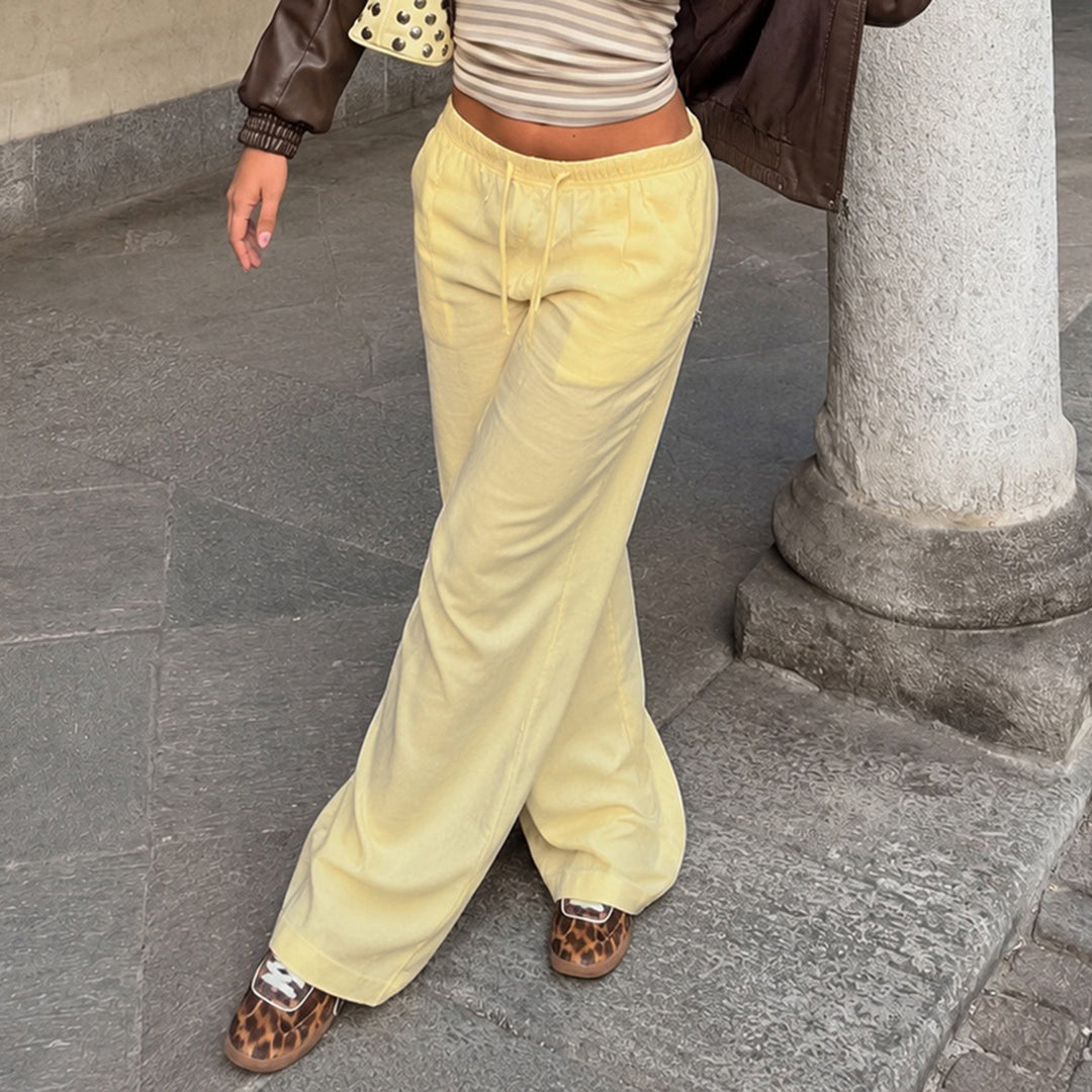 Women's Linen Lounge Pants with Wide Leg, Drawstring and Side Pockets Mune Fashion