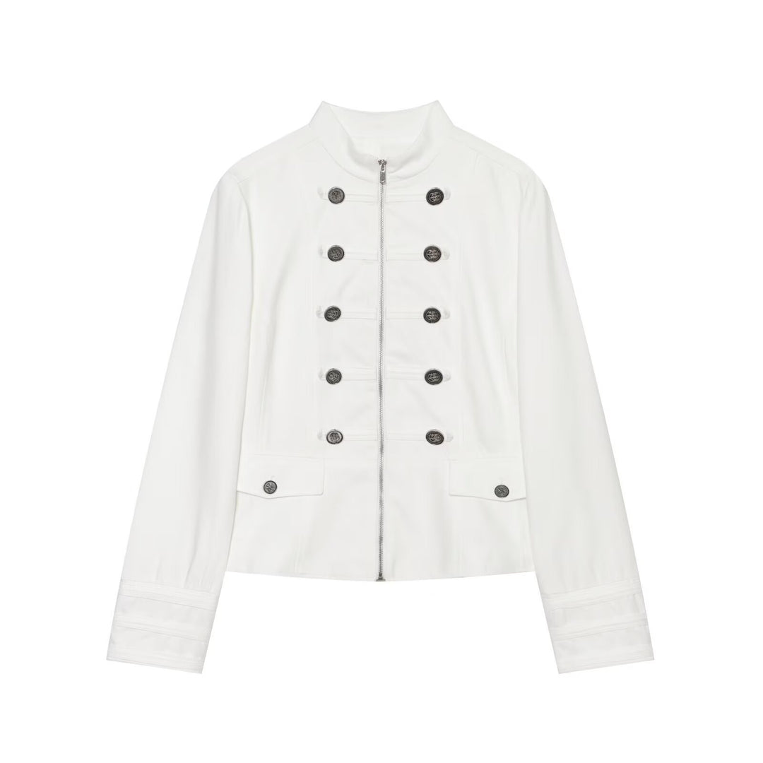 Women Short Military Inspired Jacket with Stand-Up Collar Double-Breasted Buttons and Zipper Mune Fashion