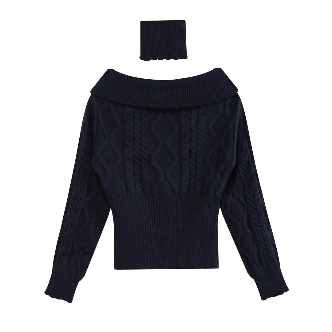 Women's Off-Shoulder Cable Knit Sweater with Wide Ribbed Cuff and Folded Collar Mune Fashion