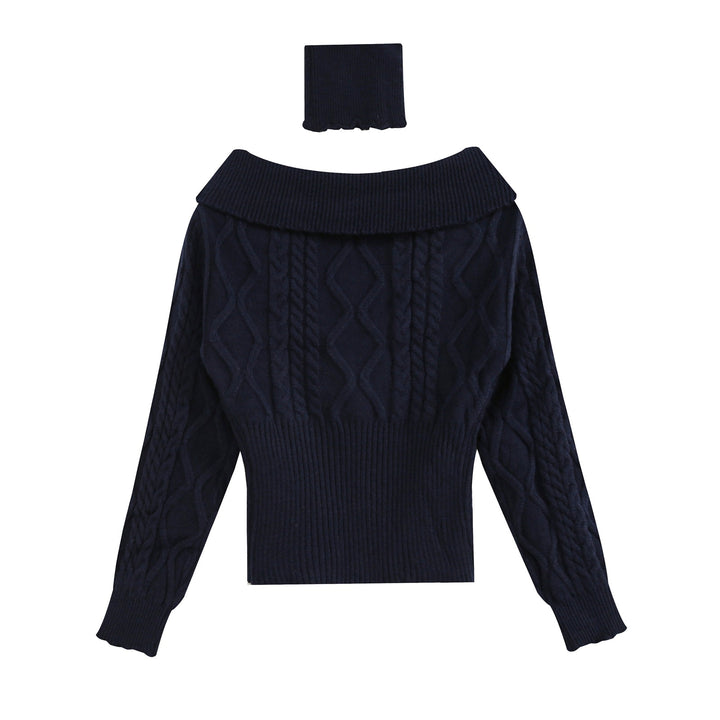 Women's Off-Shoulder Cable Knit Sweater with Wide Ribbed Cuff and Folded Collar Mune Fashion