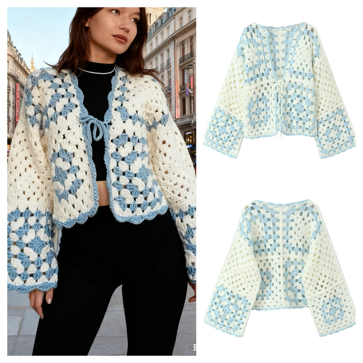 Women Crocheted Granny-Square Cardigan with Wide Sleeves and Ties Mune Fashion