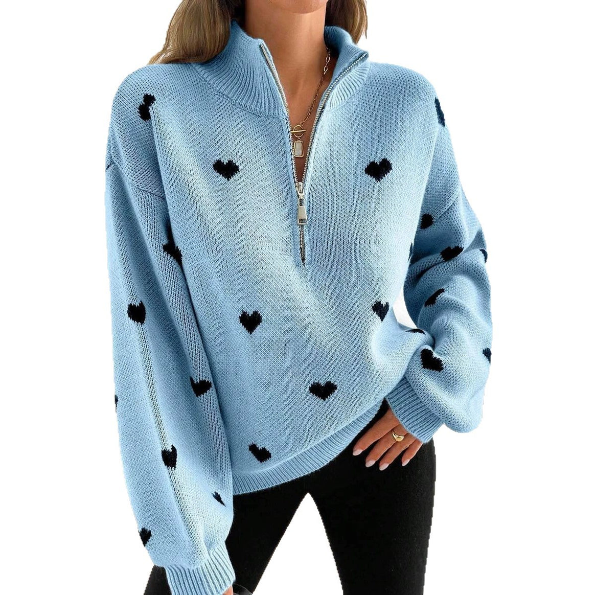 Women's Oversized Knit Sweater with Half-Zip and Heart Design Mune Fashion