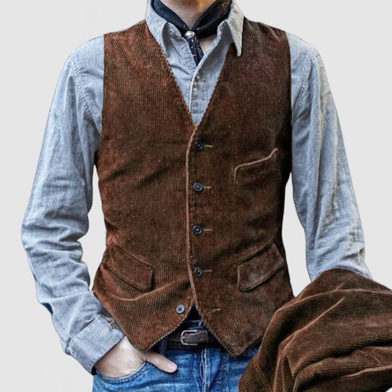 Men's cord waistcoat with V-neck, button placket, and piped patch pockets Mune Fashion