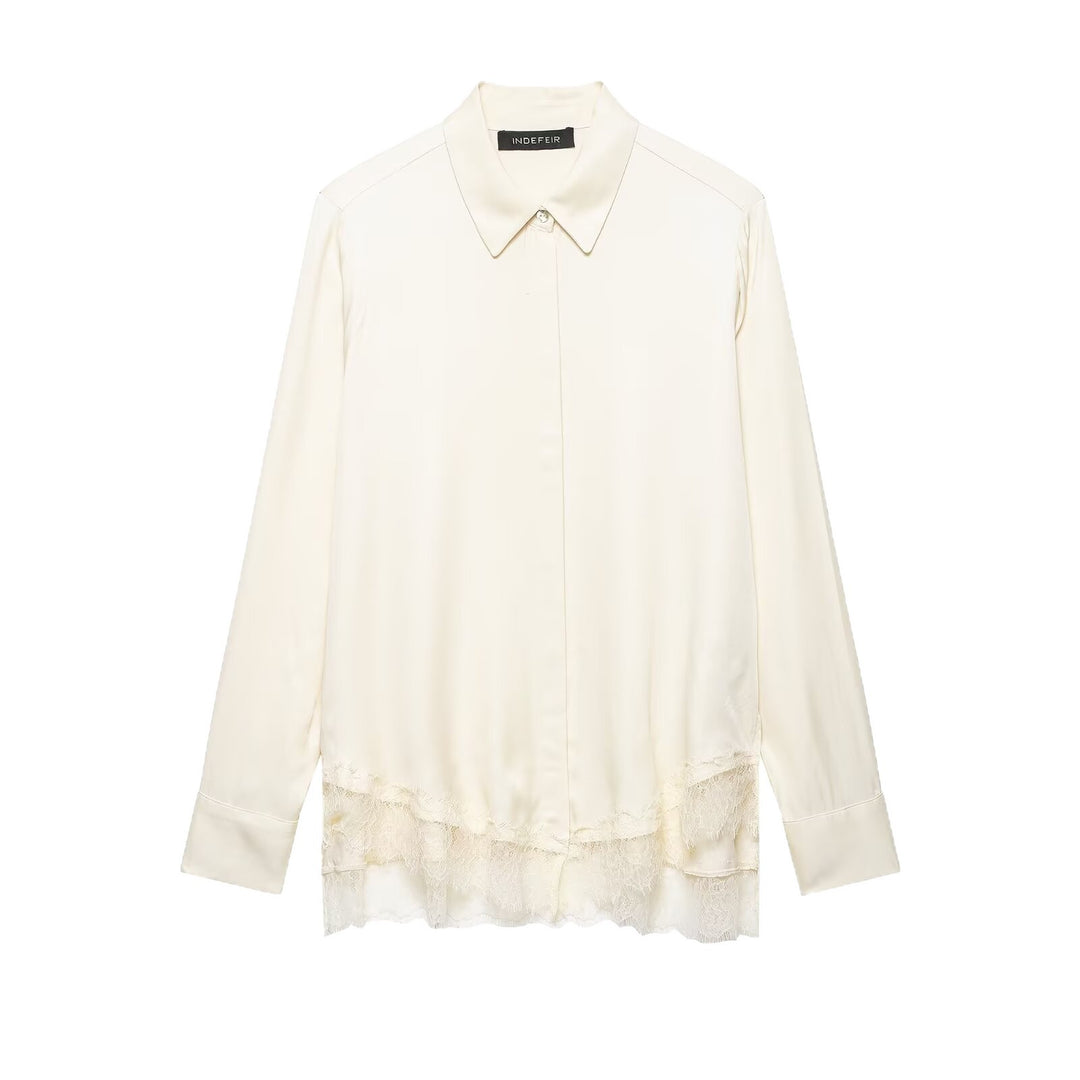 Ladies Silk-like Blouse with Concealed Button Placket and Lace Trim Mune Fashion
