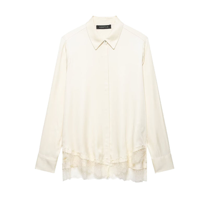 Ladies Silk-like Blouse with Concealed Button Placket and Lace Trim Mune Fashion