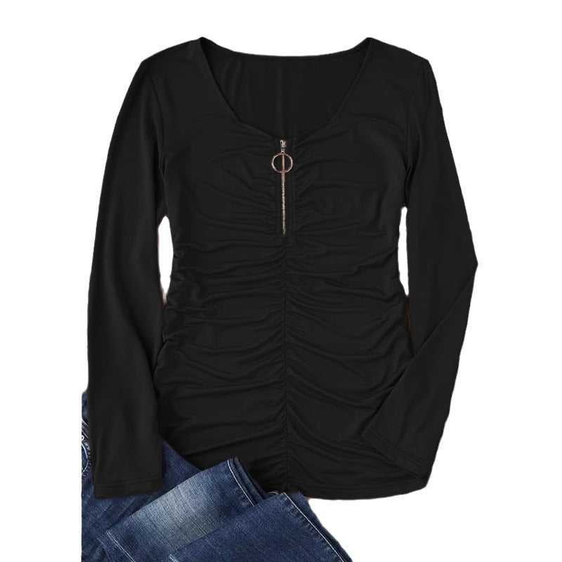 Women's Long Sleeve Shirt with Gather and Decorative Zipper Mune Fashion