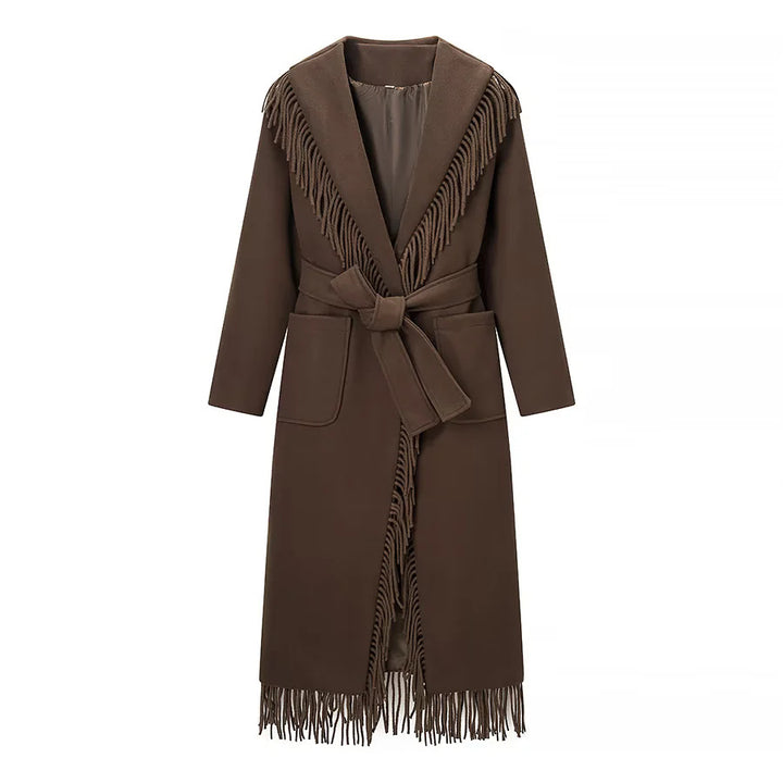 Ladies long fringed coat with voluminous shawl collar, waist belt and patch pockets Mune Fashion