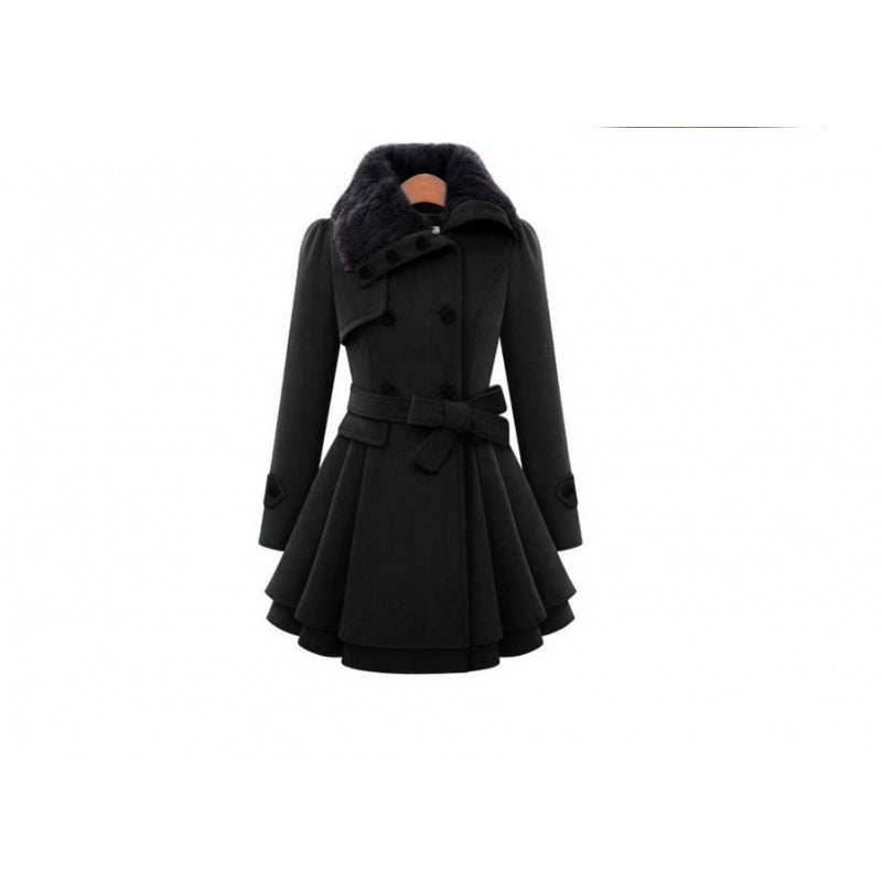 Women's tailored wool coat with bell skirt, double-breasted and faux fur collar Mune Fashion