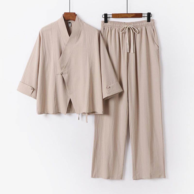 Unisex Lightweight Zen Lounge Set in Kimono Style with Dropped Shoulder Concealed Knot Placket and Elastic Drawstring Pants Mune Fashion