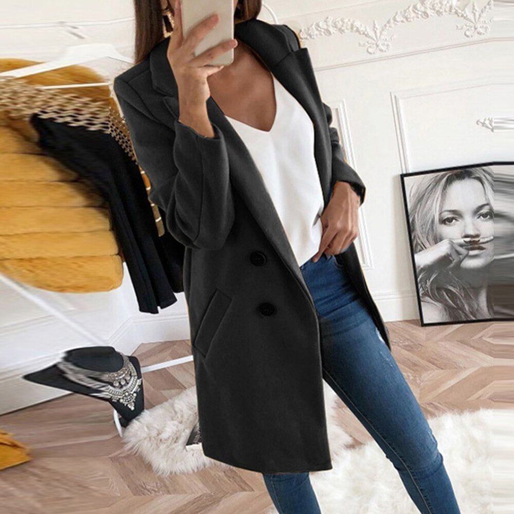 Women's Longline Wool-Look Coat-Blazer with Notched Collar Drune