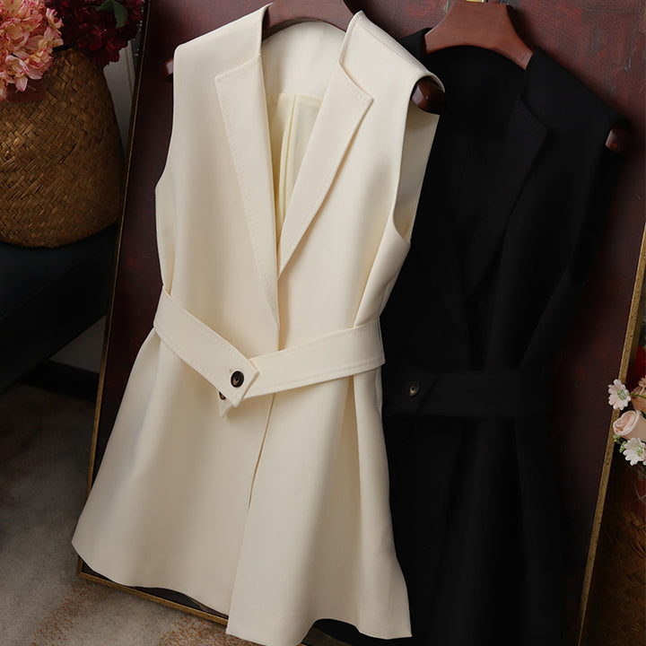 Women's Sleeveless Blazer Vest with Waist Belt Mune Fashion