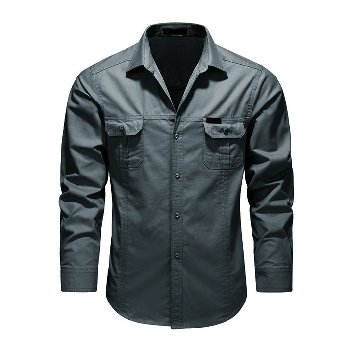 Men's Robust Canvas Work Shirt with Chest Flap Pockets and Classic Shirt Collar Mune Fashion