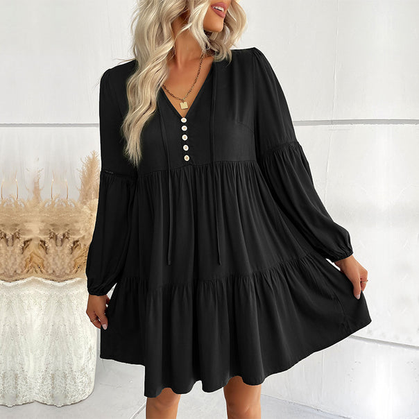 Women's Soft Tiered Mini Dress with V-Neck, Button Placket and Balloon Sleeves Mune Fashion