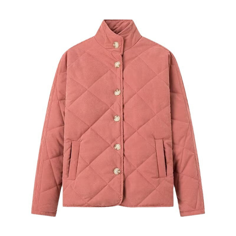 Women Lightweight Quilted Short Jacket with Stand-Up Collar and Button Placket Mune Fashion