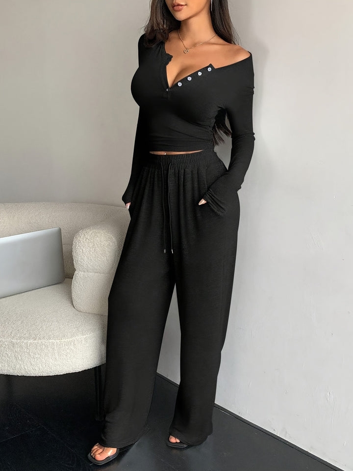 Women Casual Ribbed Knit Lounge Set with Off-Shoulder Henley Top and Wide Jog Pants Mune Fashion